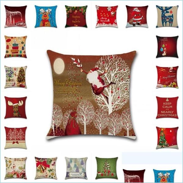 Funda de almohada Funda de almohada de algodón de lino Cute Deer Letter Merry Christmas Cojín Er Modern Throw Cozy Home Decoration Drop Delivery 202 Dhgbr