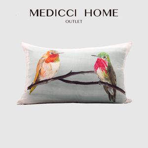 Taie d'oreiller Medicci Home 100% véritable taie d'oreiller lombaire en soie de mûrier oiseaux bleus peints à la main artistique oriental luxe housses de coussin 35x53cm 230621