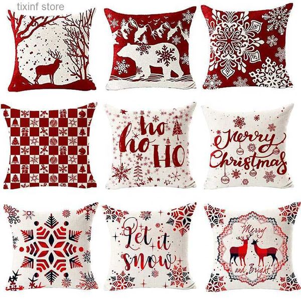 Taie d'oreiller Joyeux Noël flocon de neige ours rouge lin housse décorative maison canapé housse de coussin décorative housse de coussin 45x45 T240309