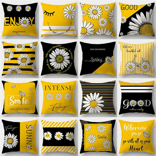 Taie d'oreiller moderne jaune marguerite fleur housse de coussin lettre créative imprimer taie d'oreiller personnalisé polyester taie d'oreiller décor à la maison 230606