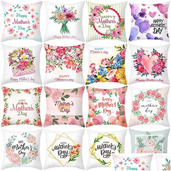 Taie d'oreiller Fête des Mères Coussin Er Happy Floral Imprimé 18X18 Pouces Peau De Pêche Canapé Jeter Décor À La Maison Drop Delivery Jardin Textiles Be Dhcex