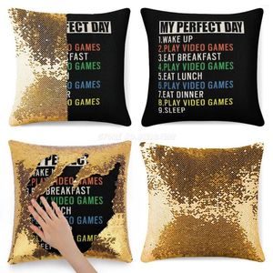 Funda de almohada Mi día perfecto Videojuegos Camiseta Divertido Cool Gamer Regalo Lentejuelas Funda de almohada Café Decoración del hogar Cambio de color Computadora divertida