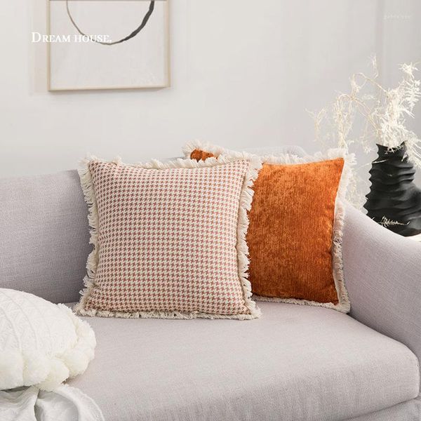 Taie d'oreiller nordique Instagram Style gland dentelle moderne El canapé salon oreillers pied de poule Orange housse de coussin