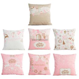 Kussensloop roze kast Kerstmeer Merry print patroon Sofa kussen kussen Case Home Decoratie feestauto beddengoed hkd230817