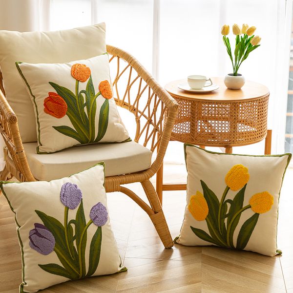 Taie d'oreiller Pur Coton BroderieTulip Printemps Housses de Coussin 18x18 Ensemble de 4 Housses de Coussin de Patio extérieur Décorations de Jardin d'été Maison 230925