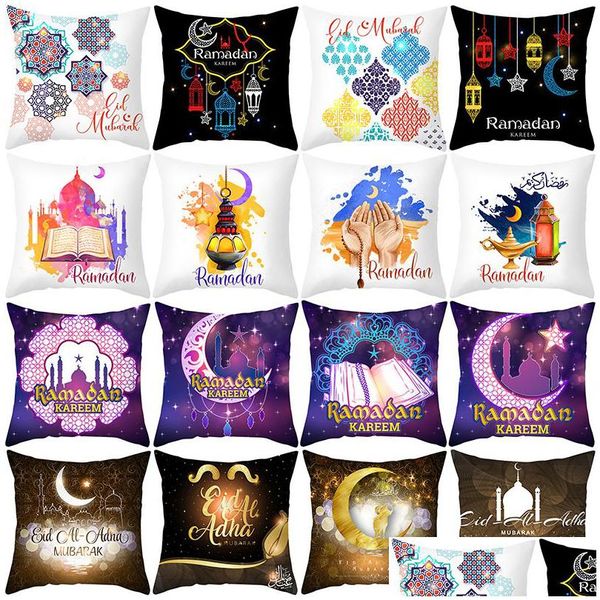 Taie d'oreiller Ramadan Coussin Ers 18X18 Pouces Islamique Violet Carré Eid Mubarak Jeter Canapé Lit Canapé Er Décoration Drop Delivery Home G Dhm6K