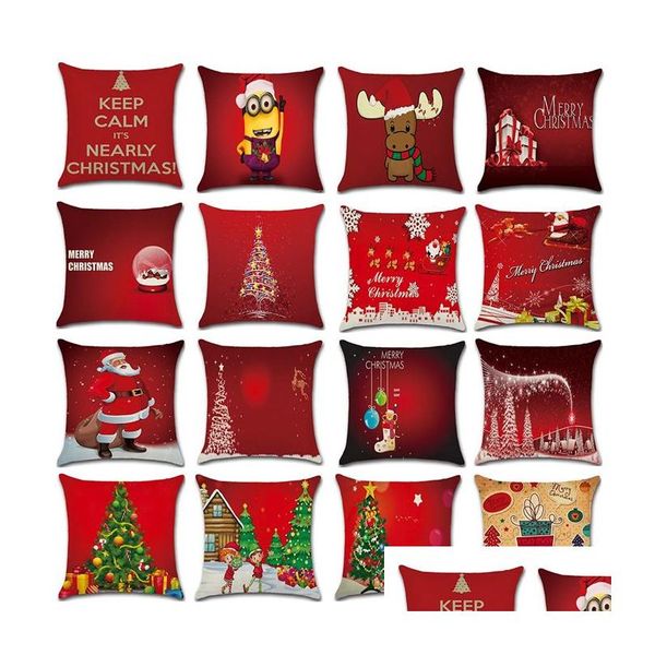 Funda de almohada Cojín rojo de Navidad Er Funda de almohada Ropa de hogar 18X18 pulgadas Árbol de Navidad Estampado de Papá Noel Dbc Entrega directa Textiles de jardín Dhfrk