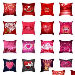 Funda de almohada Día de San Valentín rojo Cojín de piel de melocotón Er Happy Valentines Heart Decoración para el hogar Entrega de la gota Textiles para el jardín Ropa de cama S Dhxrl