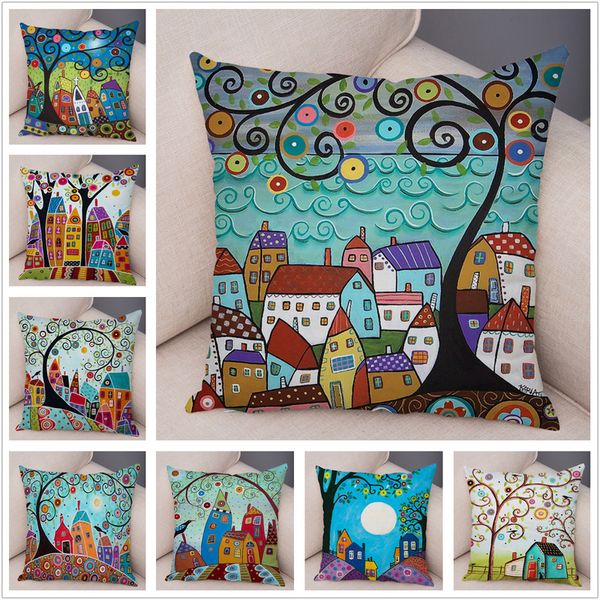 Taie d'oreiller rétro couleur rurale villes housse de coussin pour canapé maison voiture décor coloré dessin animé maison taie d'oreiller arbre courte taie d'oreiller en peluche 220623