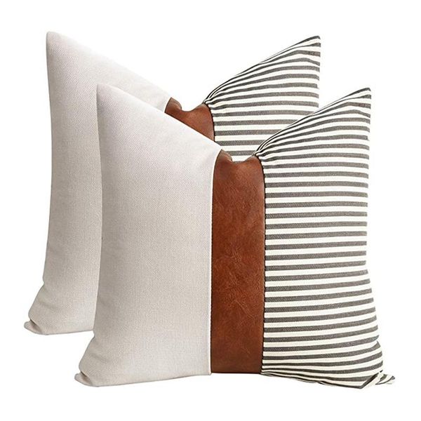 Thelow wase ensemble de 2 farmouse décor Stripe patchwork lin lancez couvercles modernes bronzer en cuir 18x18 pouces