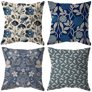 Tai-oreiller Ensemble de 4 fleurs bleues feuilles oiseau rétro Rustique Farmhouse Throws ers 18x18 pouces feuilles coton lin floral coussin sports2010 amtfz