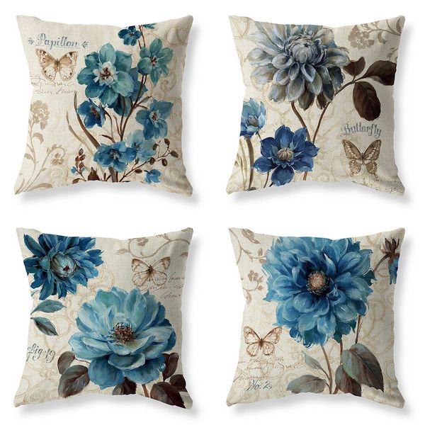 Funda de almohada Conjunto de 4 granja Flor azul Throw Ers 18x18 pulgadas Orco Mariposa Algodón Lino Cojín floral Sofá al aire libre Pil Sports2010 Amntk