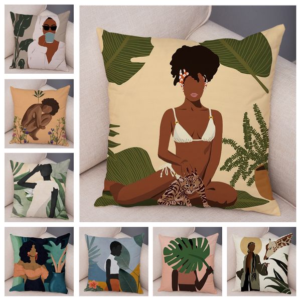 Taie d'oreiller doux en peluche noir Afrique fille taie d'oreiller décor dessin animé géométrique belles femmes housse de coussin pour canapé voiture maison taie d'oreiller 220623