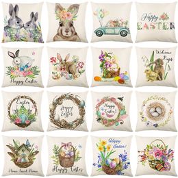 Taie d'oreiller printemps Pâques décor à la maison housse de coussin fleurs lapin oeufs imprimé oreiller décorations carré lin jeter taie d'oreiller 220623