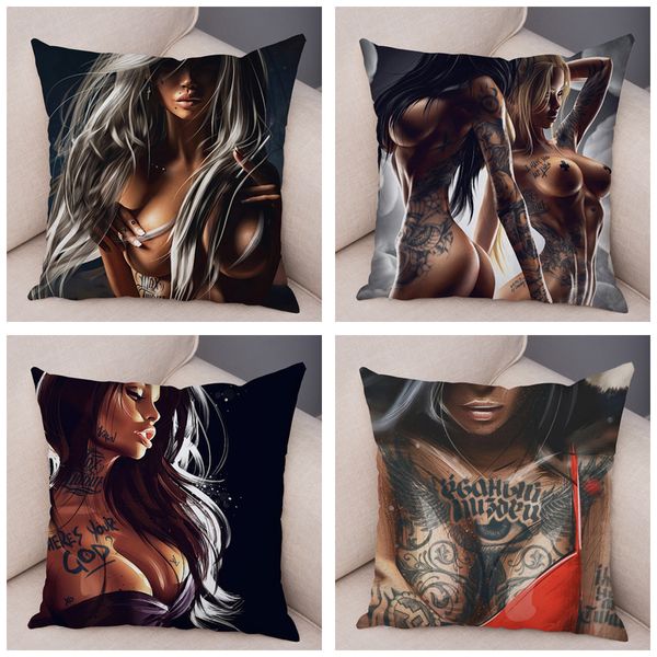 Taie d'oreiller Super douce en peluche courte sexy belle fille taie d'oreiller décor sombre Goth tatouage housse de coussin pour canapé voiture taie d'oreiller 45x45 cm 220714