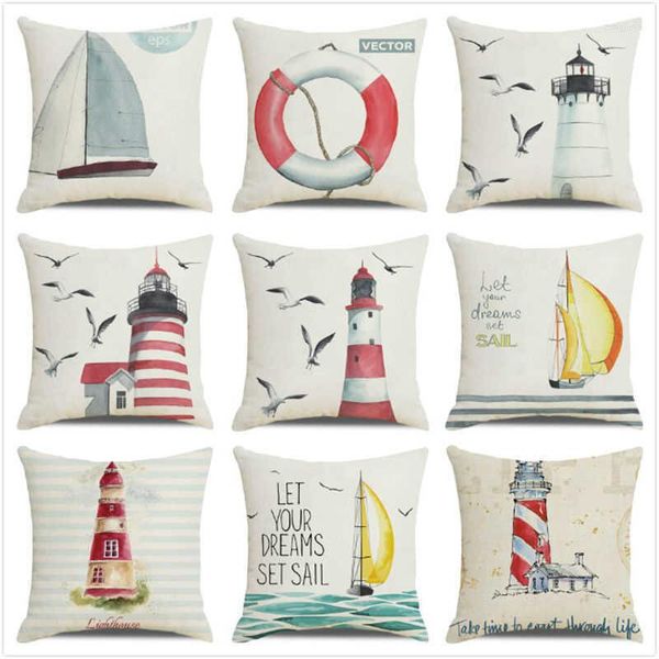 Taie d'oreiller Jeter Couverture Aquarelle Phare Navigation Océan Mouette Bateau Maison Canapé Coussin Décor Taie D'oreiller 40x40 Cm