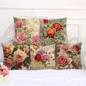 Taie d'oreiller taies d'oreiller aquarelle Rose rétro fleur plante housse de coussin 45x45 cm maison salon décoration lin taie d'oreiller décor