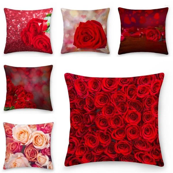 Funda de almohada Throw Red Rose Square Funda de cojín 45x45cm Funda de almohada Hogar Decorativo Sofá Sillón Dormitorio Sala de estar