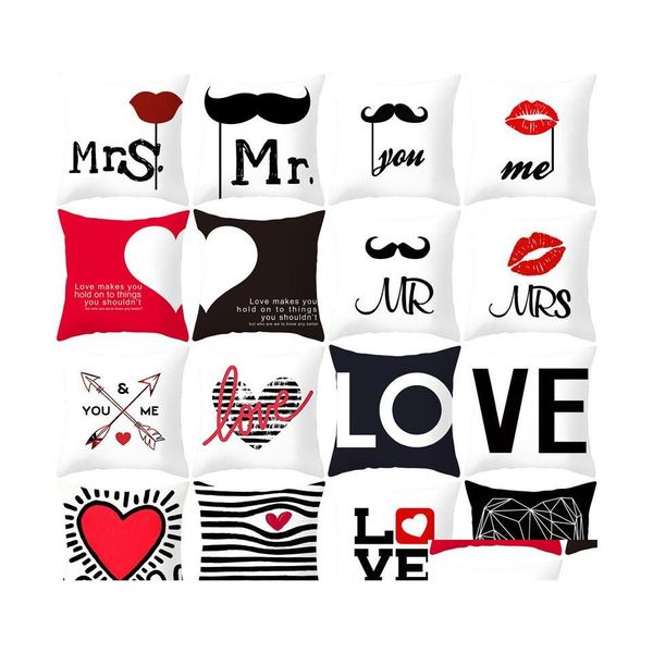 Taie d'oreiller Saint Valentin Taie d'oreiller Love You Mr Mrs Letters Imprimé Er Home Office Sofa Throw Lovers Drop Delivery Garden Textiles Dhq7F