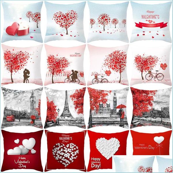 Funda de almohada Día de San Valentín Piel de melocotón Funda de almohada Torre Eiffel Carta Corazón Árbol Diseños Cojín decorativo Er Sofá Coche Almohada Dh1Qt