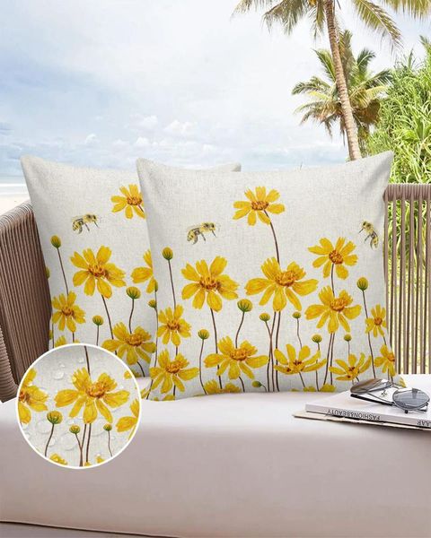 Taie d'oreiller aquarelle fleurs jaunes abeilles, taie d'oreiller imperméable, décoration de maison, canapé, bureau, voiture