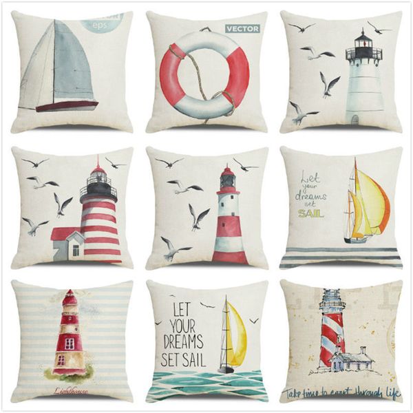 Taie d'oreiller en gros 45 cm 45 cm aquarelle phare Navigation mer lin coton jeter oreiller couvre housse de coussin décor à la maison taie d'oreiller 220623