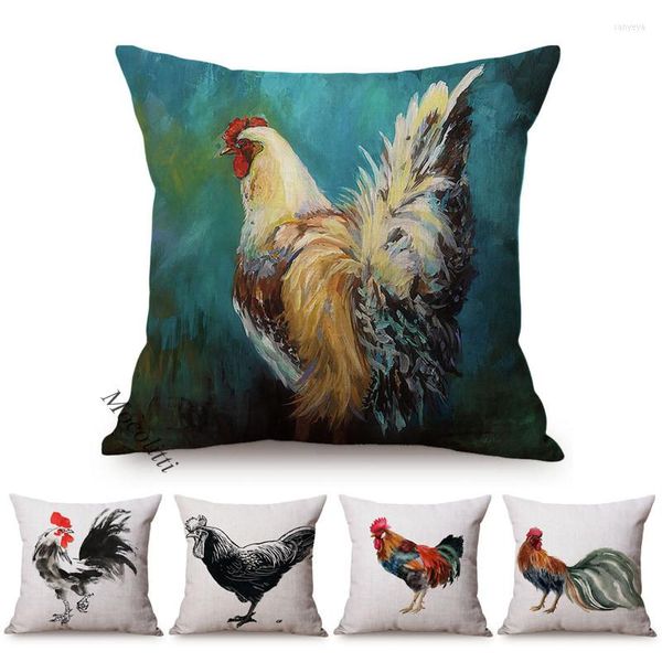 Oreiller poulet Style jeter cas encre de Chine peinture Art décoration de la maison couverture carrée coq poule lin canapé S