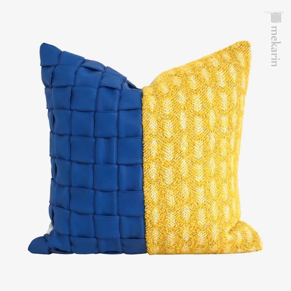 Almohada habitación infantil azul y amarillo contraste tejido tejido el tema sofá cuadrado