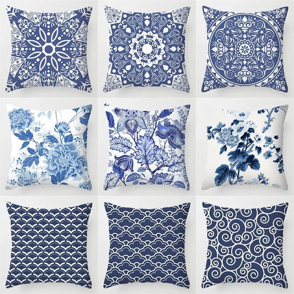 Oreiller chinois Blue et blanc Porcelaine Fashion Decorative Covers pour S SOFA SOFA Fleurs géométriques Throw Case Home Decor Car