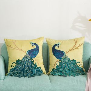 Kussen Chinese klassieke stijl Blue Peacock Embroidery Satin Cover 45x45cm bank woonkamer slaapkamer huisdecoratie kast