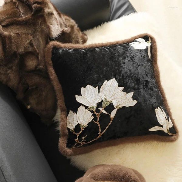 Almohada almohadas chinas Magnolia Flower Case 45x45 Luxury Black Velvet Cubierta decorativa para sofá Decoraciones para el hogar