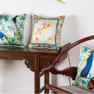 Oreiller Style chinois Imitation soie fleur oiseau paon impression couverture 45x45 cm pour canapé salon chambre décor à la maison