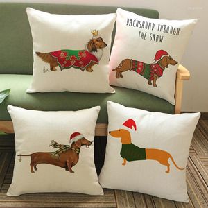 Kussen kerstkleding hoed teckel cartoon grappige honden linnen gooi case home sofa auto decoratieve dierenwinkel cover 45x45