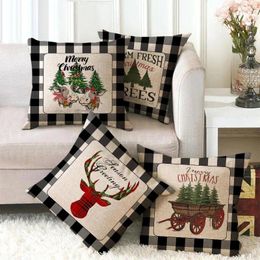 Oreiller décorations de noël maison canapé taie d'oreiller pour taies d'oreiller à carreaux lettres couverture lin 45x45 cm