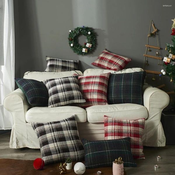 Almohada navideña cubierta decorativa 45x45 cm Decoración de la caja de almohadas de lana a cuadros Decoración del hogar para el sofá