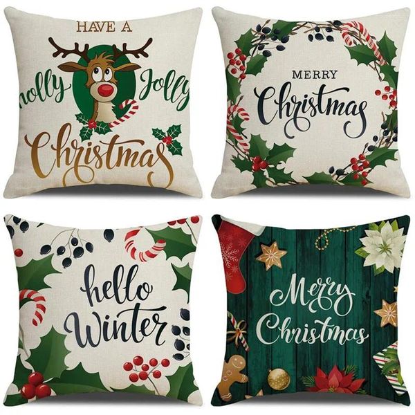 Almohada Navidad ciervos impresión cubierta para sofá hogar decorativo lino funda de almohada sala de estar año tiro