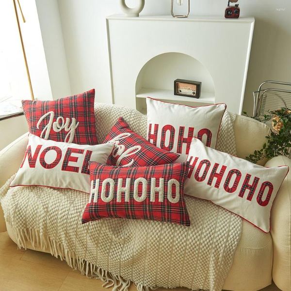 Funda de almohada rectangular de Navidad con estampado de cuadros rojos, funda bordada con letras blancas, decoración de sofá textil para el hogar de Navidad