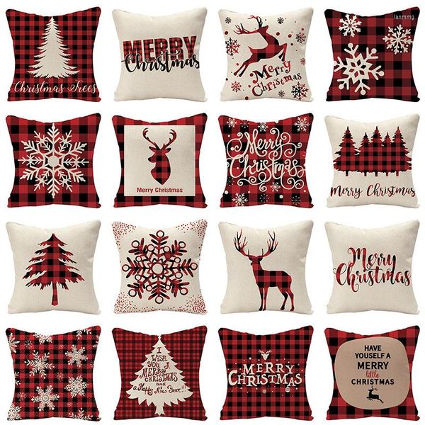 Funda de almohada de Navidad 45x45cm Lino Color rojo S Funda Reno Árboles Copos de nieve Cojines decorativos estampados