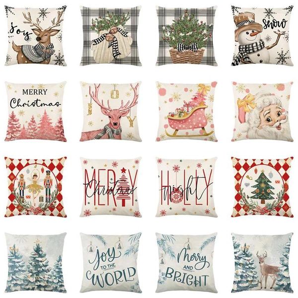 Oreiller année de noël taie d'oreiller décorative arbre de noël père noël Elk bonhomme de neige couvre 45x45cm housse en lin/Polyester