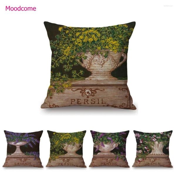 Almohada clásica maceta con lavenda persil menthe jasmin pintura al óleo decoración del hogar cubierta lino