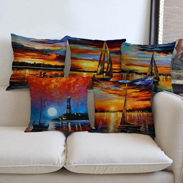 Almohada clásica puesta de sol pintura al óleo S decoración del hogar amanecer navegación cubierta decorativa artística 45x45cm