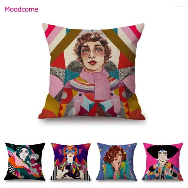 Oreiller coloré dessin animé mode Lady Art Résumé Impression Fille Sofa décoratif boîtier confortable couvercle de lin en coton de loisir