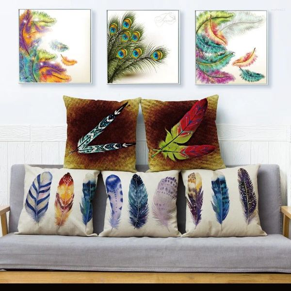 Almohada de cubierta de plumas coloridas decorativas de la almohadilla del hogar para el sofá de almohada de lino para el automóvil 45 45 cm