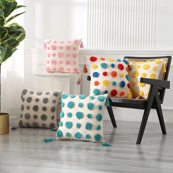 Almohada colorida de lunares, funda con mechones, borlas bohemias, almohadas decorativas para sofá, funda de lona de algodón suave para decoración del hogar