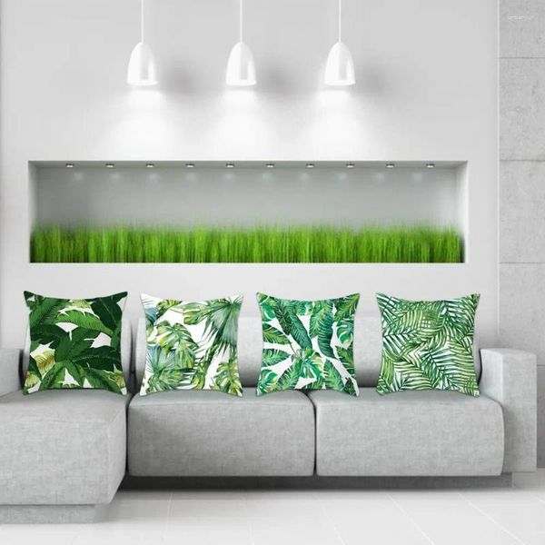 Almohada cómoda cubierta de terciopelo corto hoja de palma tropical patrón de planta verde tiro conjunto de funda de almohada para la decoración del hogar habitación