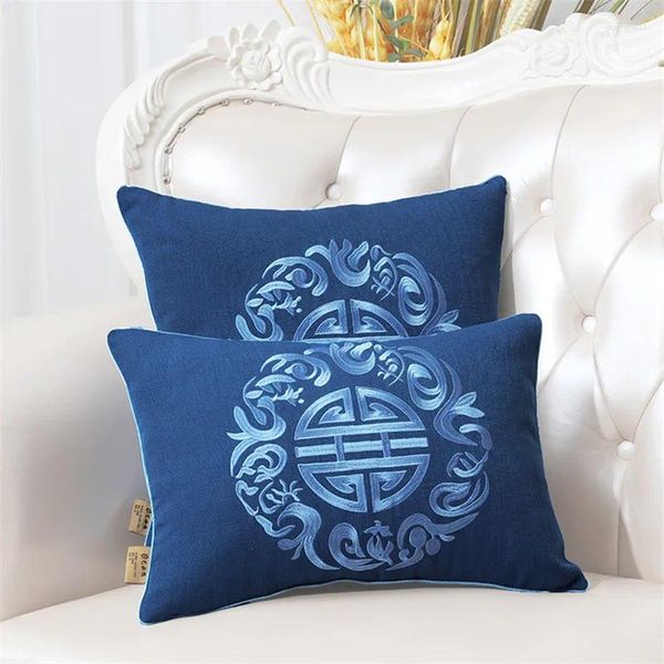 Almohada algodón lino estilo chino bordado cubierta sólida color puro cielo azul tiro sofá cama decoración funda de almohada