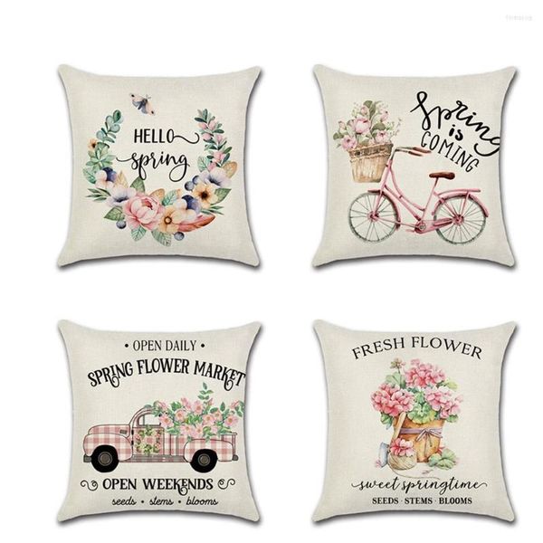 Oreiller coton lin couverture printemps fleur guirlande vélo voiture ferme thème jeter taie d'oreiller maison chaise année décorative