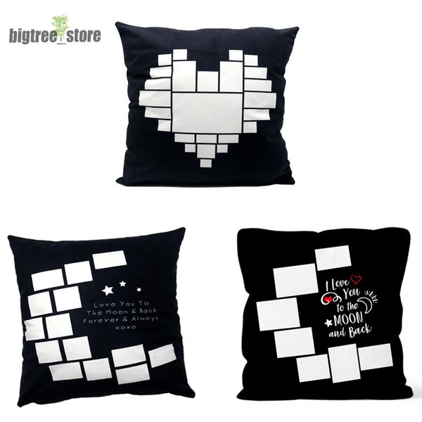 Funda de almohada Fundas de almohadas de sublimación en blanco Rejilla negra tejida Poliéster Transferencia de calor Fundas de cojines con forma de corazón y luna Fundas de almohada para sofá 17x17 pulgadas