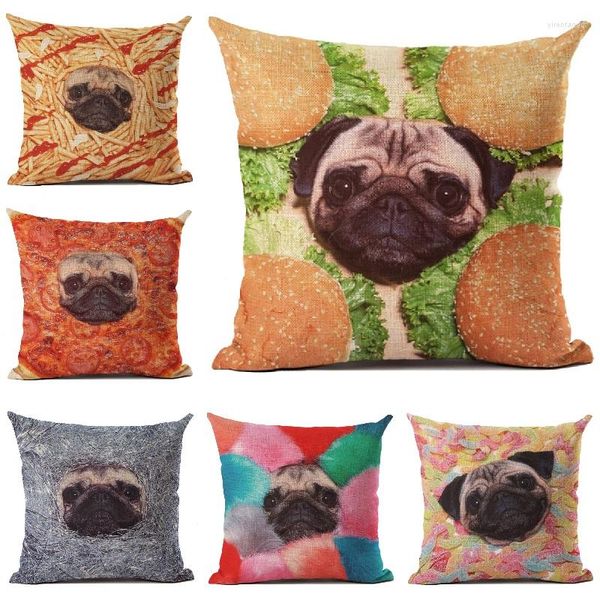 Funda de almohada con estampado de Pugs divertidos, accesorios de lino para Pug, decoración, cojines, sofá, decoración del hogar, funda de almohada de 45x45cm