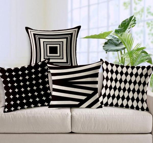 Taie d'oreiller moderne doux coton lin Fundas Para Cojines Vintage housse de coussin noir blanc rayure géométrie motif taie d'oreiller 5308874